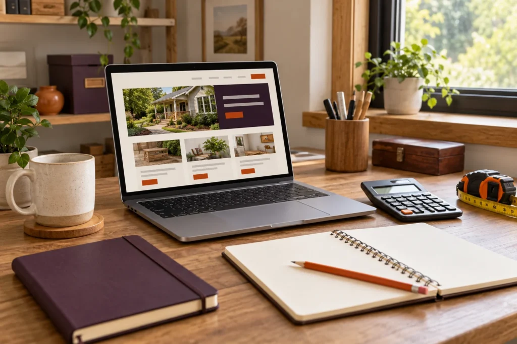Laptop, calculator and notebook on a desk for planning a small business website budget.