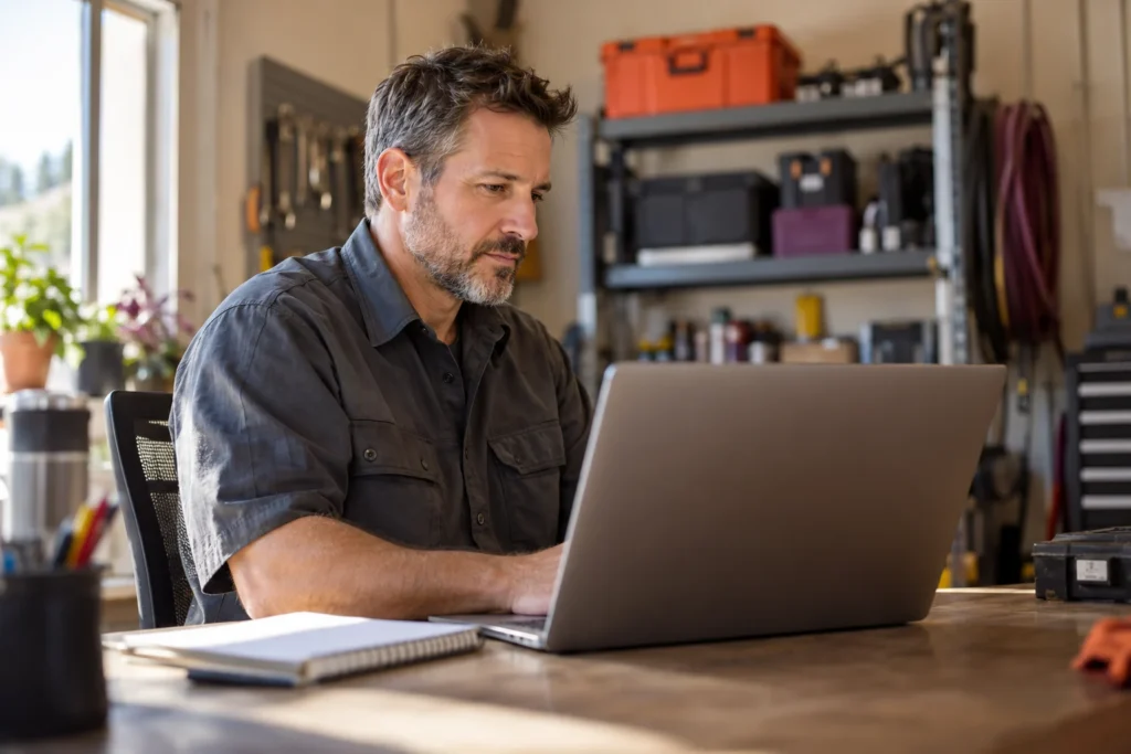 Home service business owner reviewing a laptop at a workshop desk.