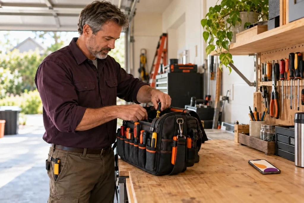 Service business owner organizing tools at a workbench with a phone nearby.