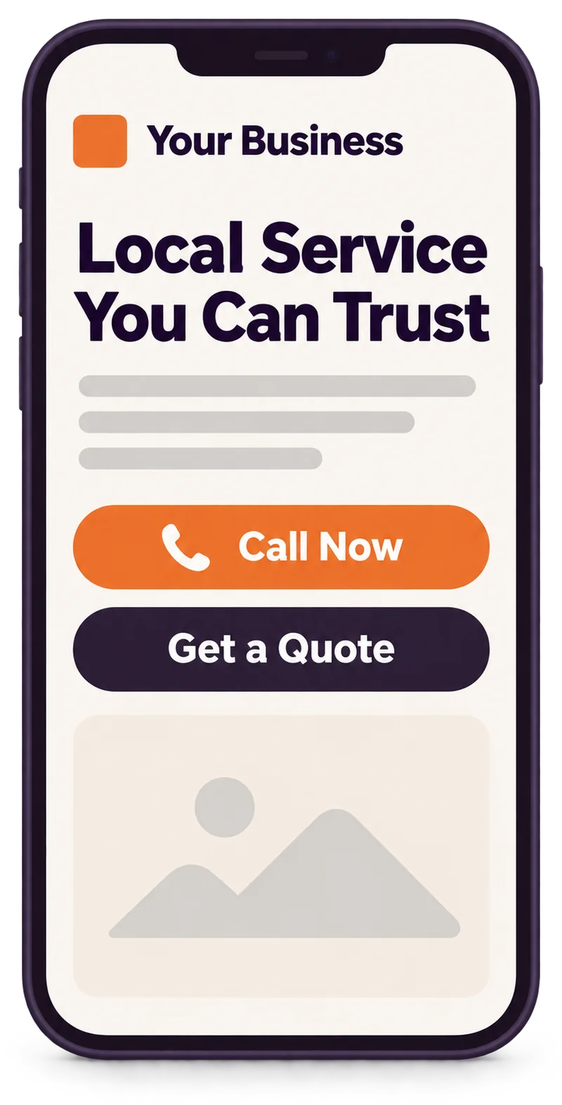 Illustrative phone showing a sample local business website.